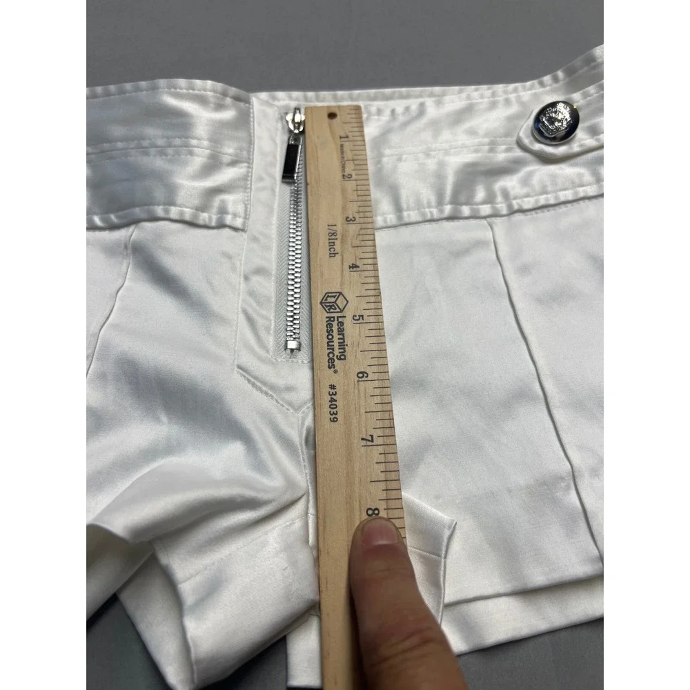 Star Style White Satin Exposed Zip Hot Pants Mini Shorts Silver Buttons Size 3